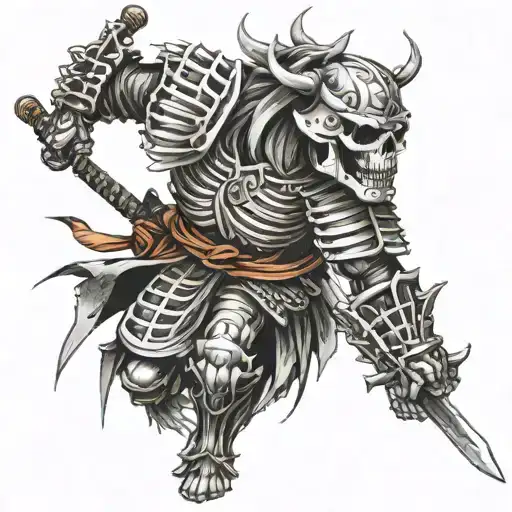 heavily armoured skeleton Samurai warrior tattoo design, line art, white background, detailed, 8k, --v 4 --q 2 --s 500 tattoo design idea