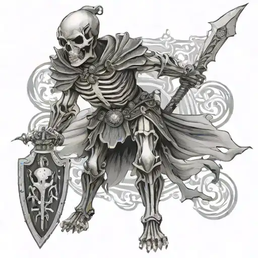whole body skeleton warrior with shield and sword, Warfield background 8k --q 4 --s 500 tattoo design idea