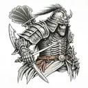 heavily armoured skeleton Samurai warrior tattoo design, line art, white background, detailed, 8k, --v 4 --q 2 --s 500 tattoo design idea