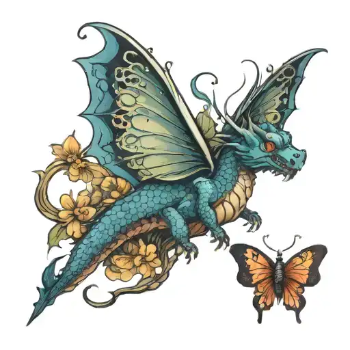 dragon flying on a butterfly tattoo design idea