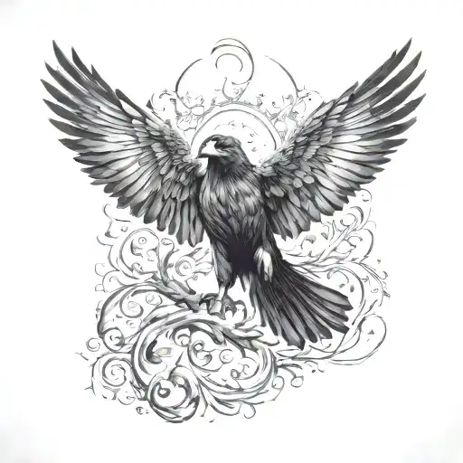 raven wings spread wide front tattoo design idea