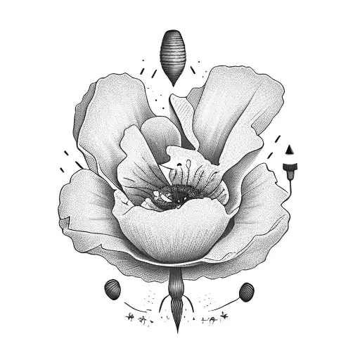 a poppy flower growing to tend side with words that say "growing sideways" tattoo design idea