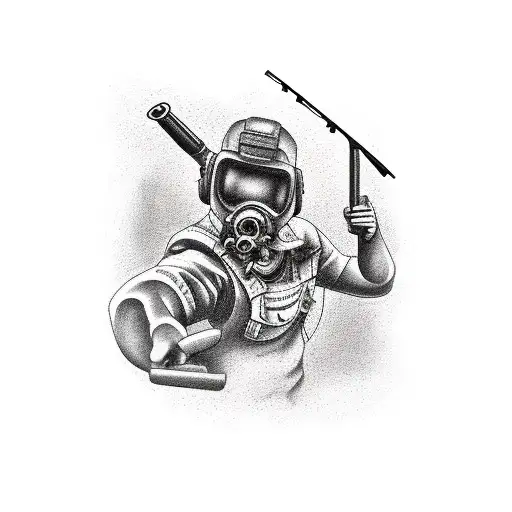 A construction-themed tattoo with a hunting rifle and fishing rod crossed over a hammer and wrench tattoo design idea