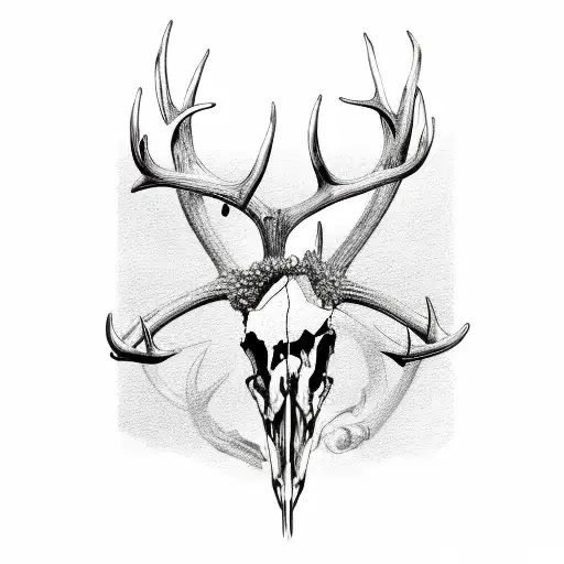 A detailed sketch of a whitetail deer skull with antlers intertwined with fishing hooks tattoo design idea