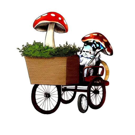 cat riding tricycle pulling wagon carrying mushroom tattoo design idea