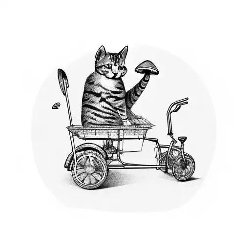 cat riding tricycle pulling wagon carrying mushroom tattoo design idea