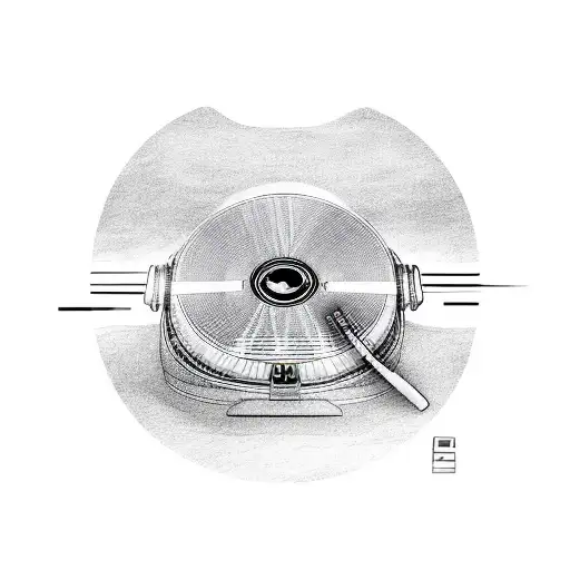 A new-school design of a Transformer DJ mixing music on a turntable with classic muscle cars racing in the background tattoo design idea