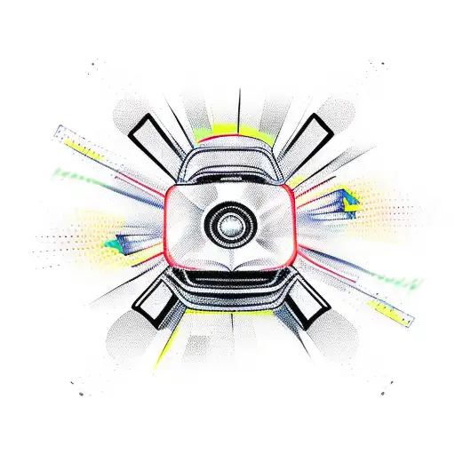 A new-school design of a Transformer DJ mixing music on a turntable with classic muscle cars racing in the background tattoo design idea