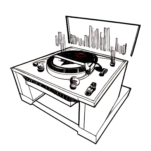 A new-school design of a Transformer DJ mixing music on a turntable with classic muscle cars racing in the background tattoo design idea
