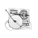 A new-school design of a Transformer DJ mixing music on a turntable with classic muscle cars racing in the background tattoo design idea