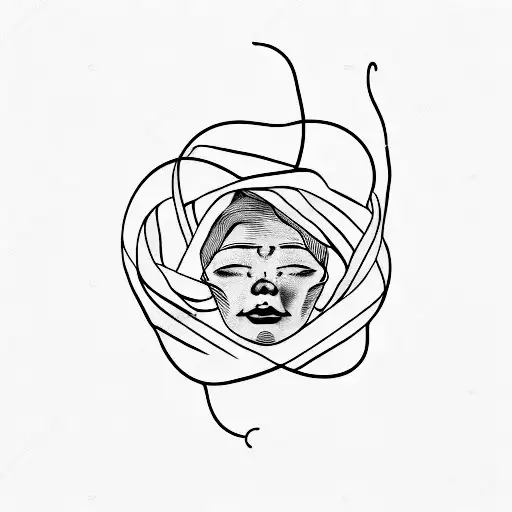 nostalgic woman, ears of wheat behind with a thread that represents union, minimalist tattoo with few lines tattoo design idea