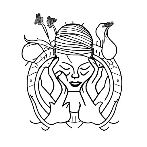 woman crying inwards, ears of corn behind with a thread that represents union, minimalist tattoo tattoo design idea