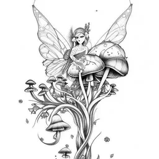 fairy, mushrooms, gladiolus flowers tattoo design idea