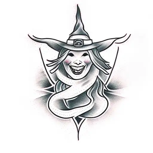 witch skiing, black and white tattoo design idea