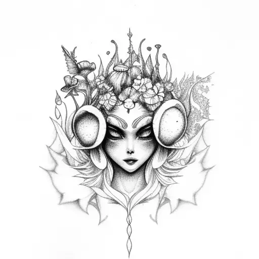 fairy, mushrooms, gladiolus flowers tattoo design idea