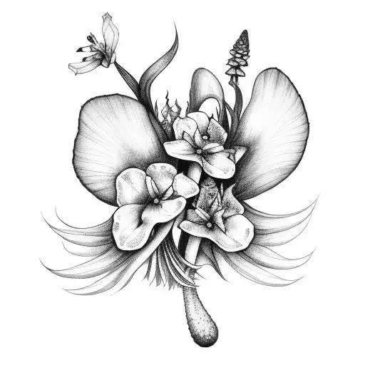 fairy, mushrooms, gladiolus flowers tattoo design idea