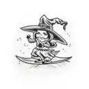 witch skiing, black and white tattoo design idea