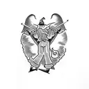 witch skiing, black and white tattoo design idea