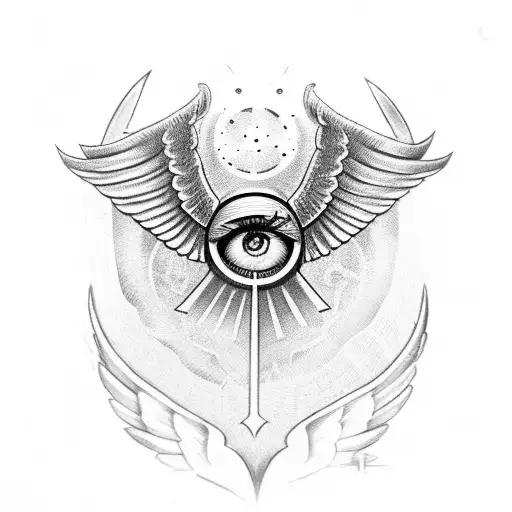 a winged egyptian cross with an eye inside of it tattoo design idea