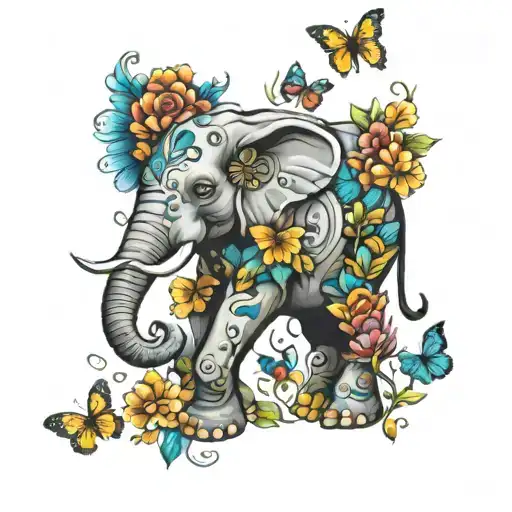 elephant, madalas, butterflies and flowers tattoo design idea