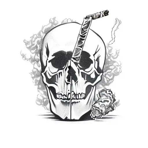 A skull smoking a blunt with weed leaves as smoke in a sketch style tattoo design idea