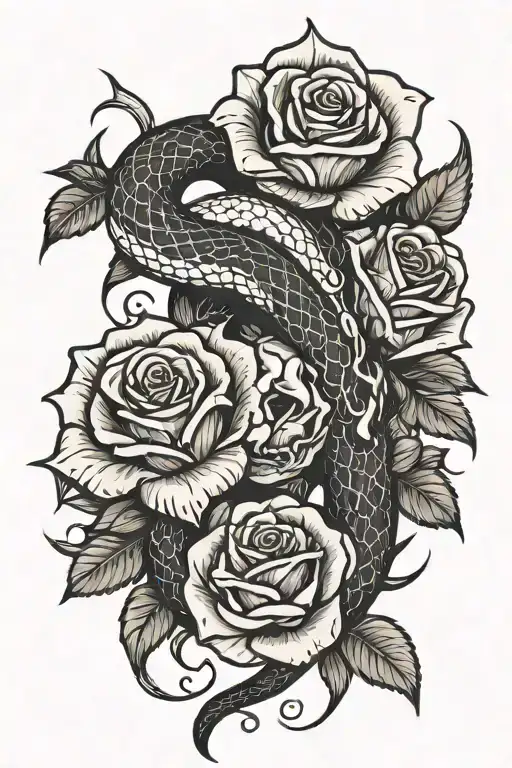 snake wrapped in knife with roses  tattoo design idea