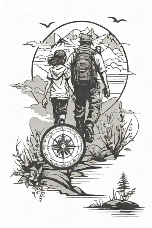 silhouette father and daughter black and white walking on a path background of mountains and flowers and a compass tattoo design idea