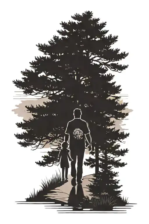 Silhouette of father and daughter walking along a path with a pine tree landscape in the background, adding roses and a  tattoo design idea