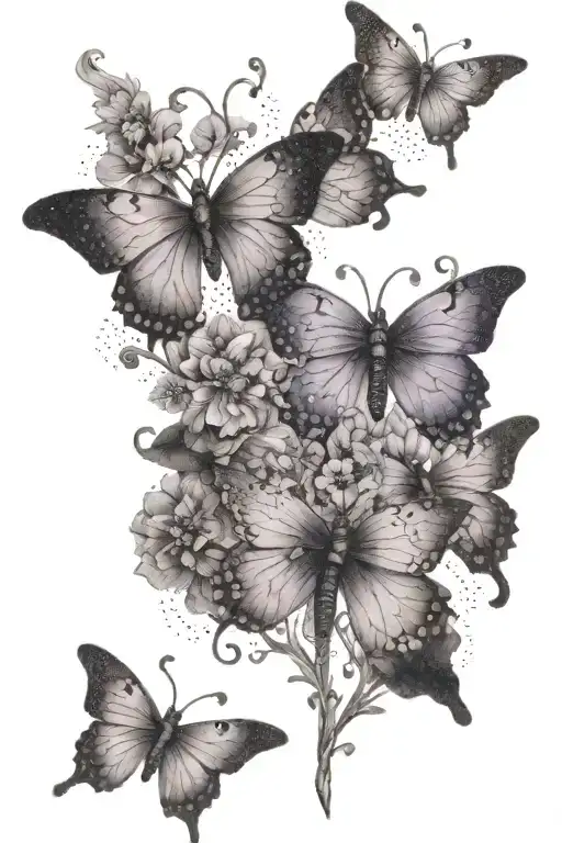 An intricate dotwork piece featuring lavender butterflies in a cross formation tattoo design idea