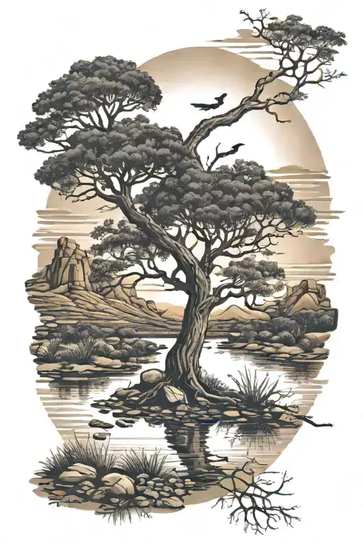 river crossing, boab tree, sunset and mountain ranges tattoo design idea