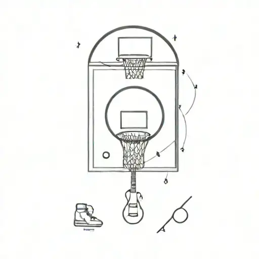 A geometric design incorporating basketball hoops and musical instruments tattoo design idea