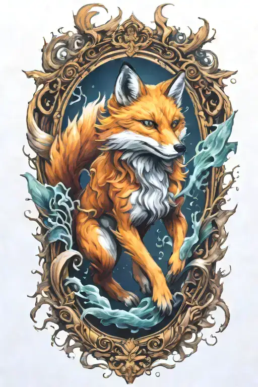 decaying nine tailed fox full body leaping across tattoo design idea