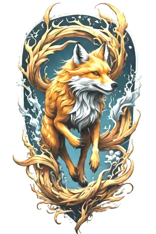 decaying nine tailed fox full body leaping across tattoo design idea