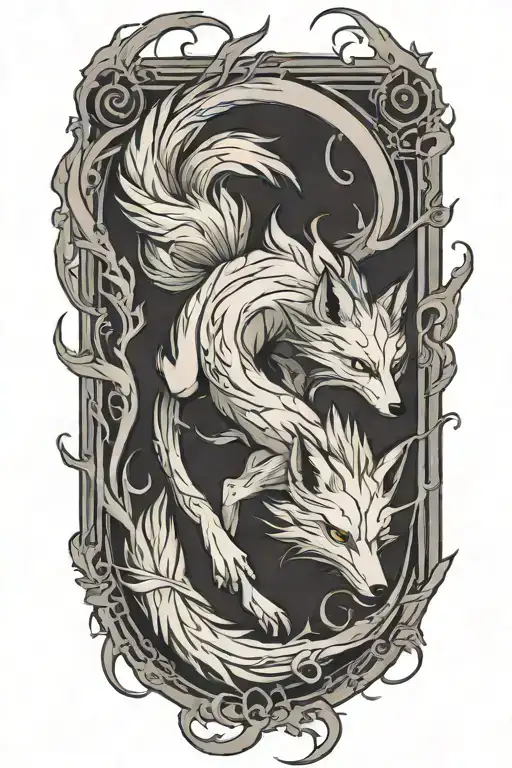 decaying nine tailed fox full body leaping across tattoo design idea