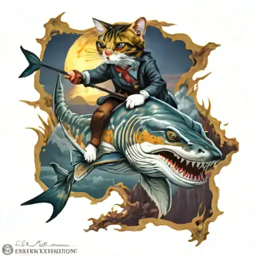 calico cat riding hammerhead shark shooting uzis tattoo design idea