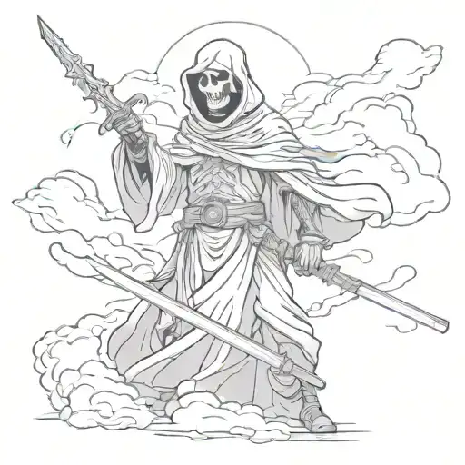 woodworking style grim reaper with a sword stanking over a dead knight with clouds in the background  tattoo design idea