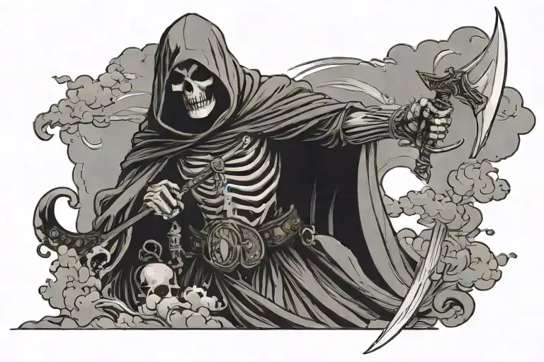 grim reaper holding a sword with clouds in the background with a dead knight laying at his feet tattoo design idea