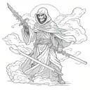 woodworking style grim reaper with a sword stanking over a dead knight with clouds in the background  tattoo design idea