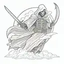 woodworking style grim reaper with a sword stanking over a dead knight with clouds in the background  tattoo design idea