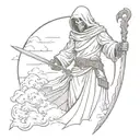 woodworking style grim reaper with a sword stanking over a dead knight with clouds in the background  tattoo design idea