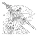 woodworking style grim reaper with a sword stanking over a dead knight with clouds in the background  tattoo design idea
