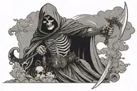 grim reaper holding a sword with clouds in the background with a dead knight laying at his feet tattoo design idea