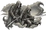 grim reaper holding a sword with clouds in the background with a dead knight laying at his feet tattoo design idea