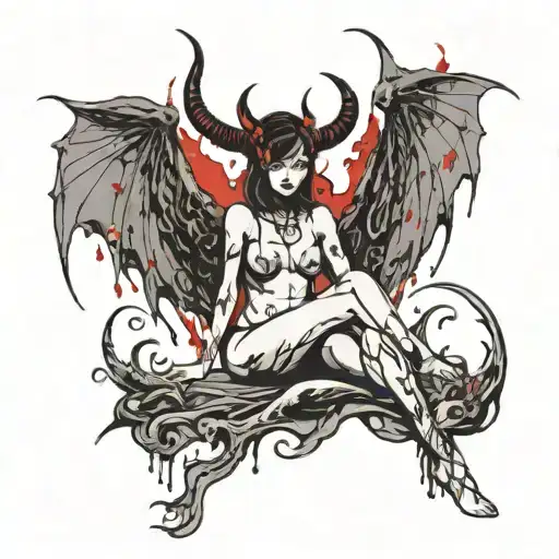Sexy Nude Black silhouette Woman With Horns and just devil wings, Standing legs open legged dripping in blood. Blood Red tattoo design idea