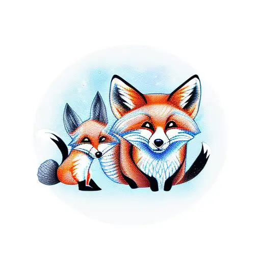 mom and baby fox with small monkey tattoo design idea