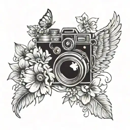 camera and flowers and wings and dog paw tattoo design idea