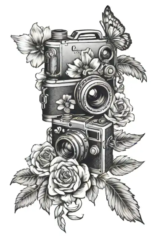 camera and flowers and wings and dog paw tattoo design idea