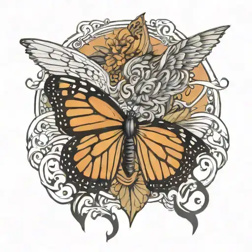 monarch butterfly wing on left side with angel wing on right side and cooper James in the center as the body tattoo design idea