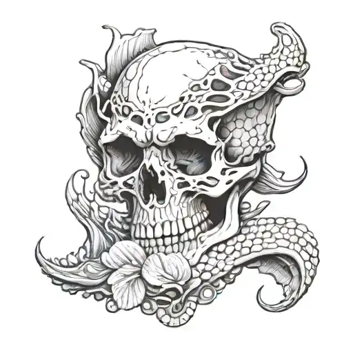 an alligator jaw skull wrapped in sea corals and surrounded by shells  tattoo design idea