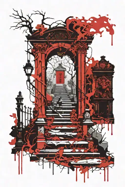 Graveyard walk thru staircase from hell to heaven gates tattoo design idea